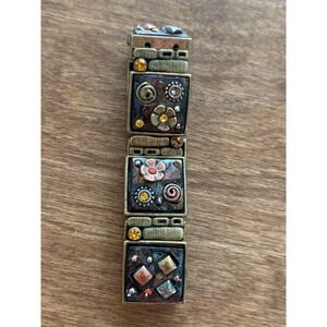 Boho Mixed Metal Floral Stretch Panel Bracelet Bronze Tone Rhinestone Steampunk